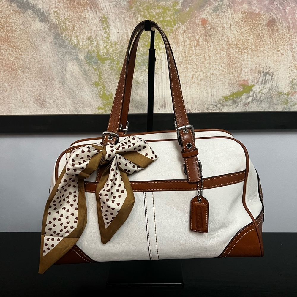Coach Hampton Medium Ivory Beige Leather Trim Satchel Handbag 2007
